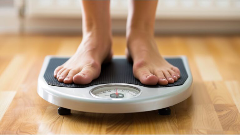 Close-up of a person standing barefoot on a bathroom scale, illustrating a concept related to seeing a dietitian for weight loss.