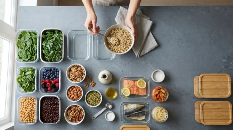 Overhead flat-lay of glass meal-prep containers filled with leafy greens, berries, nuts, salmon and fermented sides, ingredients typical of an anti-inflammatory diet Central Coast clients can prep at home