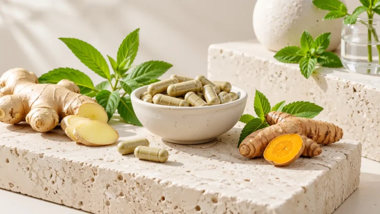 Fresh turmeric and ginger root beside a bowl of herbal capsules on a travertine surface, the kind of anti-inflammatory supplements Central Coast clients are often recommended