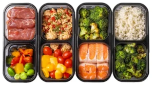 Meal prep containers with salmon, roasted broccoli, rice, capsicum and tomatoes, planned for an anti-inflammatory day of eating