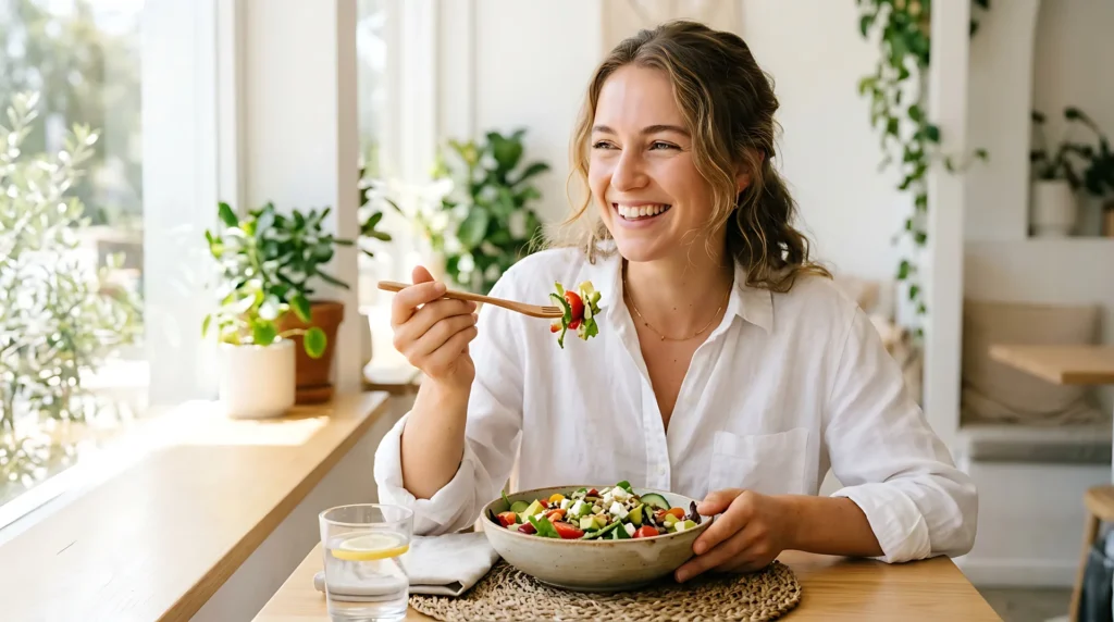 Smiling woman eating a fresh salad bowl at a café table, a light meal in an anti-inflammatory day of eating